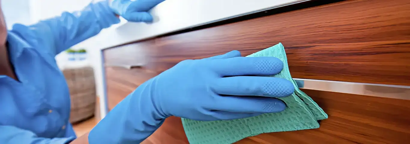 Cleaner wearing blue gloves wiping a wooden cabinet drawer with a microfiber cloth for dust and grime removal, Pittsburgh, PA.