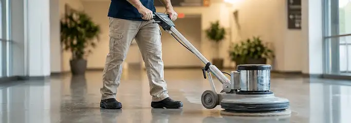 Professional technician using an industrial floor buffer to polish and maintain shiny commercial flooring in a corporate hallway in Pittsburgh, PA.