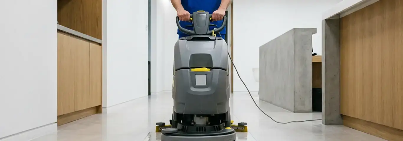 Janitorial staff using a floor scrubber machine to clean a commercial hallway, Pittsburgh, PA.