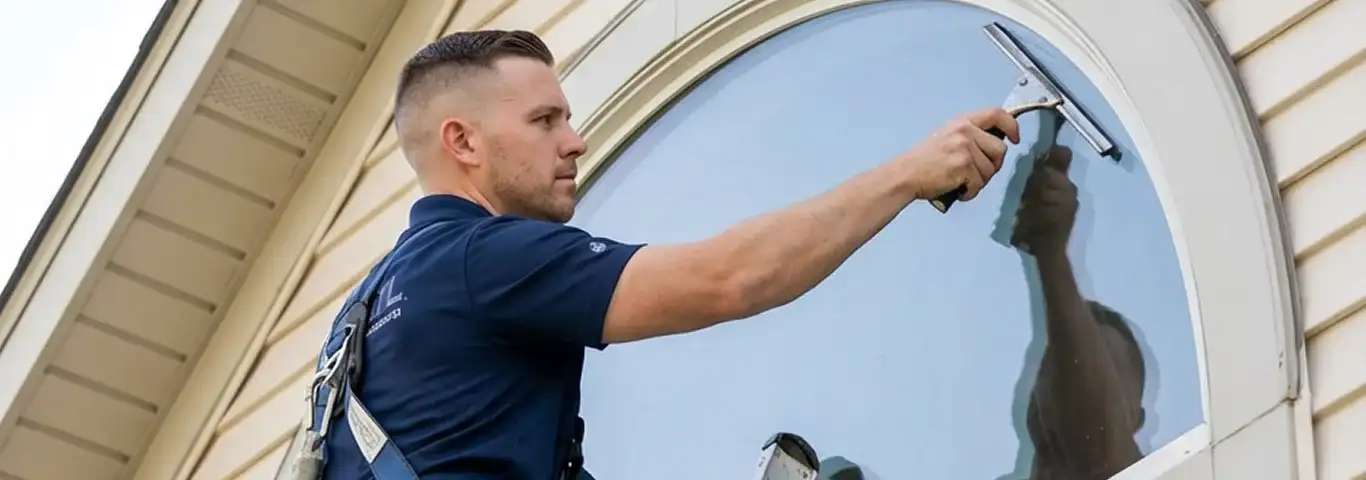 Professional window cleaner using a squeegee to clean an exterior arched window on a home, Pittsburgh, PA.