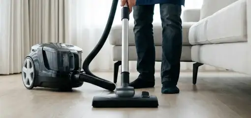Professional house cleaner vacuuming a living room floor with a canister vacuum cleaner, Pittsburgh, PA.