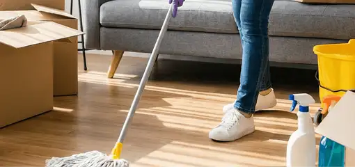 Move-out cleaning setup with a cleaner mopping hardwood floors near moving boxes and cleaning supplies, Pittsburgh, PA.
