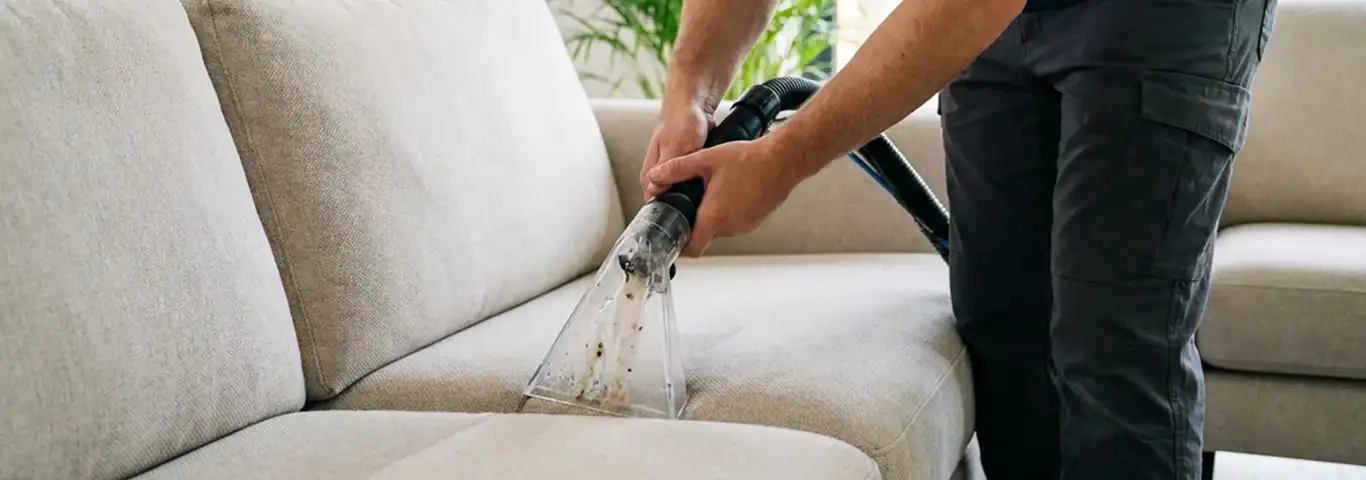 Technician extracting dirt and moisture from a fabric sofa with an upholstery cleaning wand, Pittsburgh, PA.