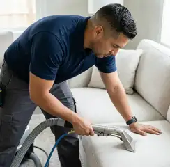 Professional upholstery cleaning technician using an extraction wand to deep-clean a fabric sofa, Pittsburgh, PA.