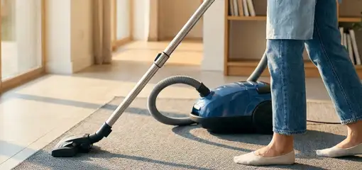 Person vacuuming a living room rug with a canister vacuum cleaner near large windows, Pittsburgh, PA.